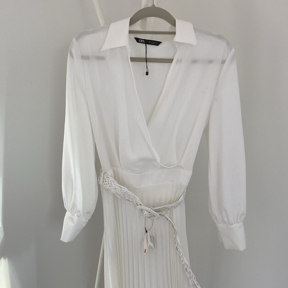 ZARA WOMAN WHITE PLEATED MIDI BELTED DRESS SIZE L REF:2298/178 NWT - Picture 2 of 12